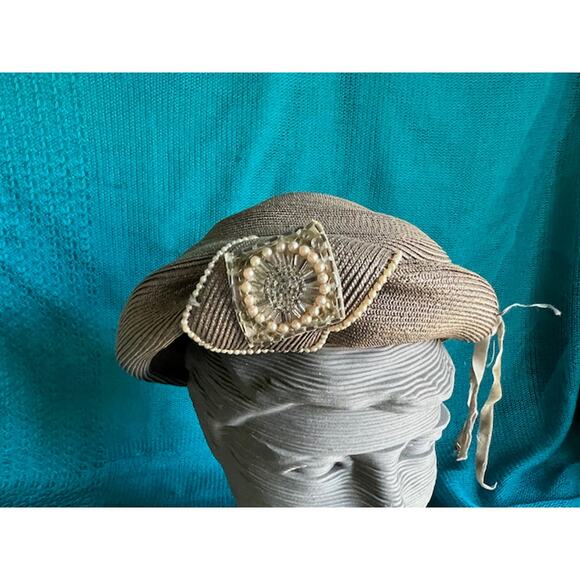 hat straw beret gray pearl detail - Picture 2 of 8